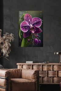 Rain-Kissed Purple Orchid metal wall art displayed in a modern interior