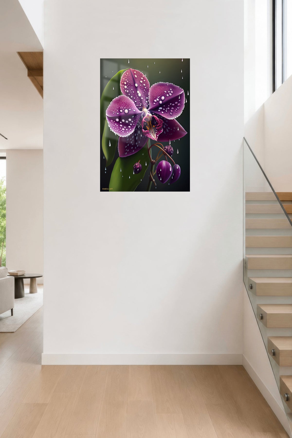 Rain-Kissed Purple Orchid metal wall art displayed in a contemporary living space