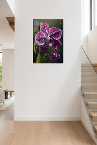 Rain-Kissed Purple Orchid metal wall art displayed in a contemporary living space