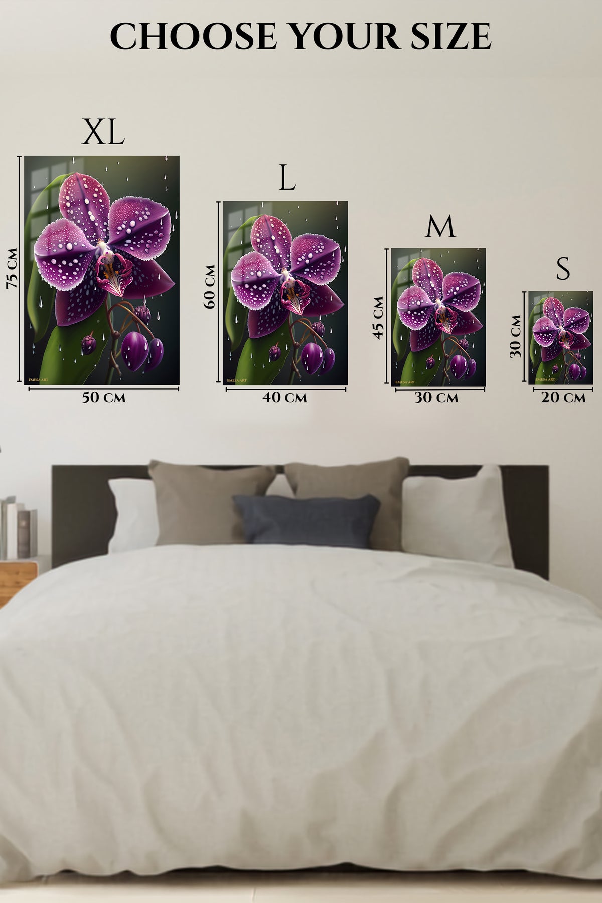 EMESA metal wall art size comparison guide for Rain-Kissed Purple Orchid