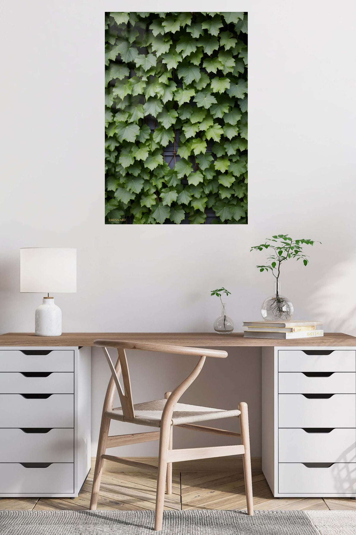 Lush Green Maple Leaves metal wall art displayed in a contemporary living space