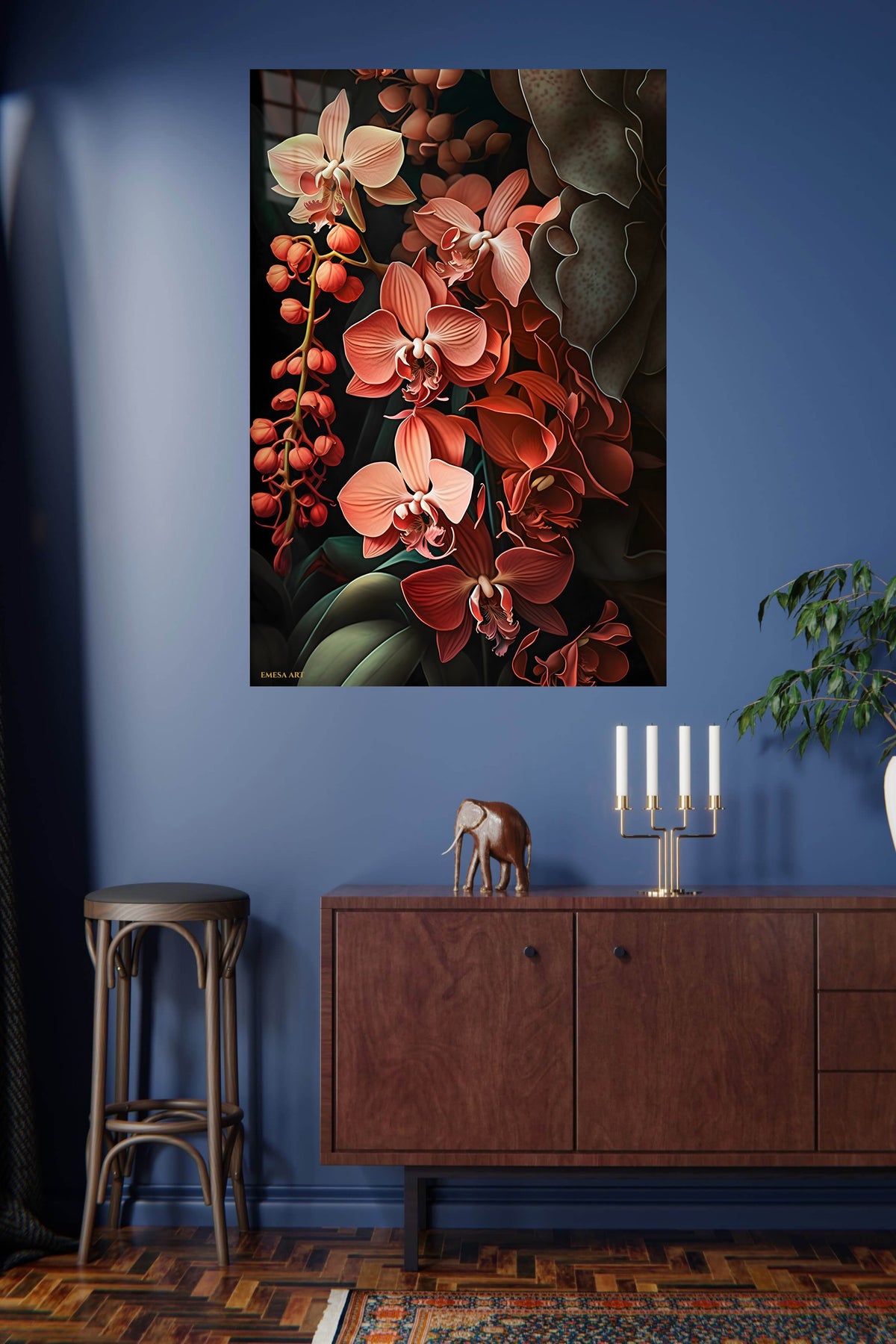 Dusky Orchid Cascade metal wall art displayed in a modern interior