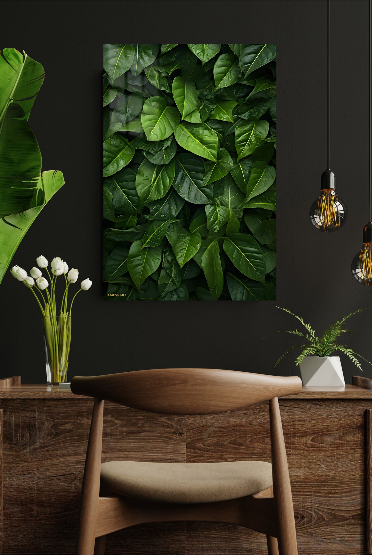 Rain-Kissed Tropical Leaves metal wall art displayed in a modern interior