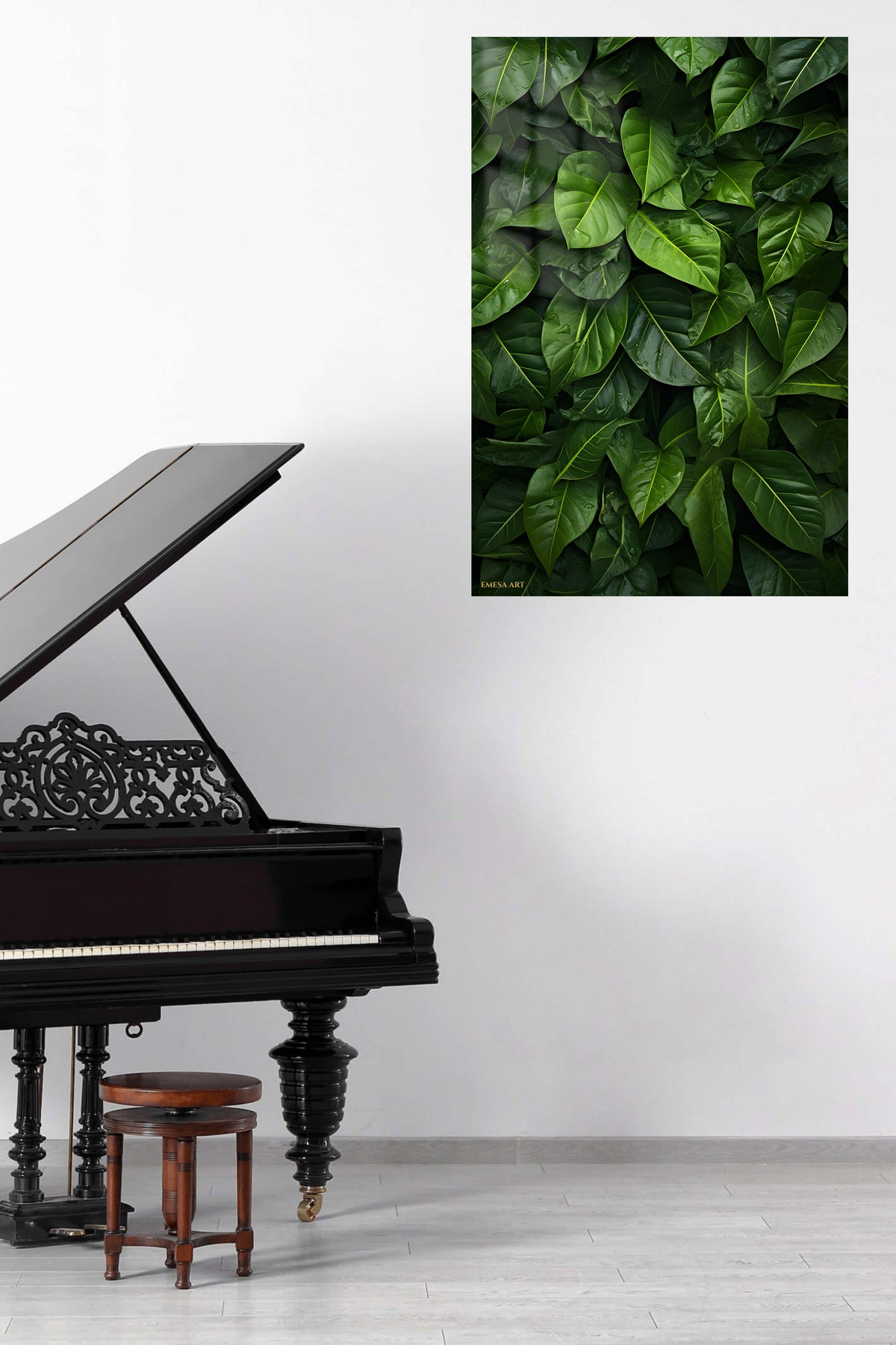 Rain-Kissed Tropical Leaves metal wall art displayed in a contemporary living space
