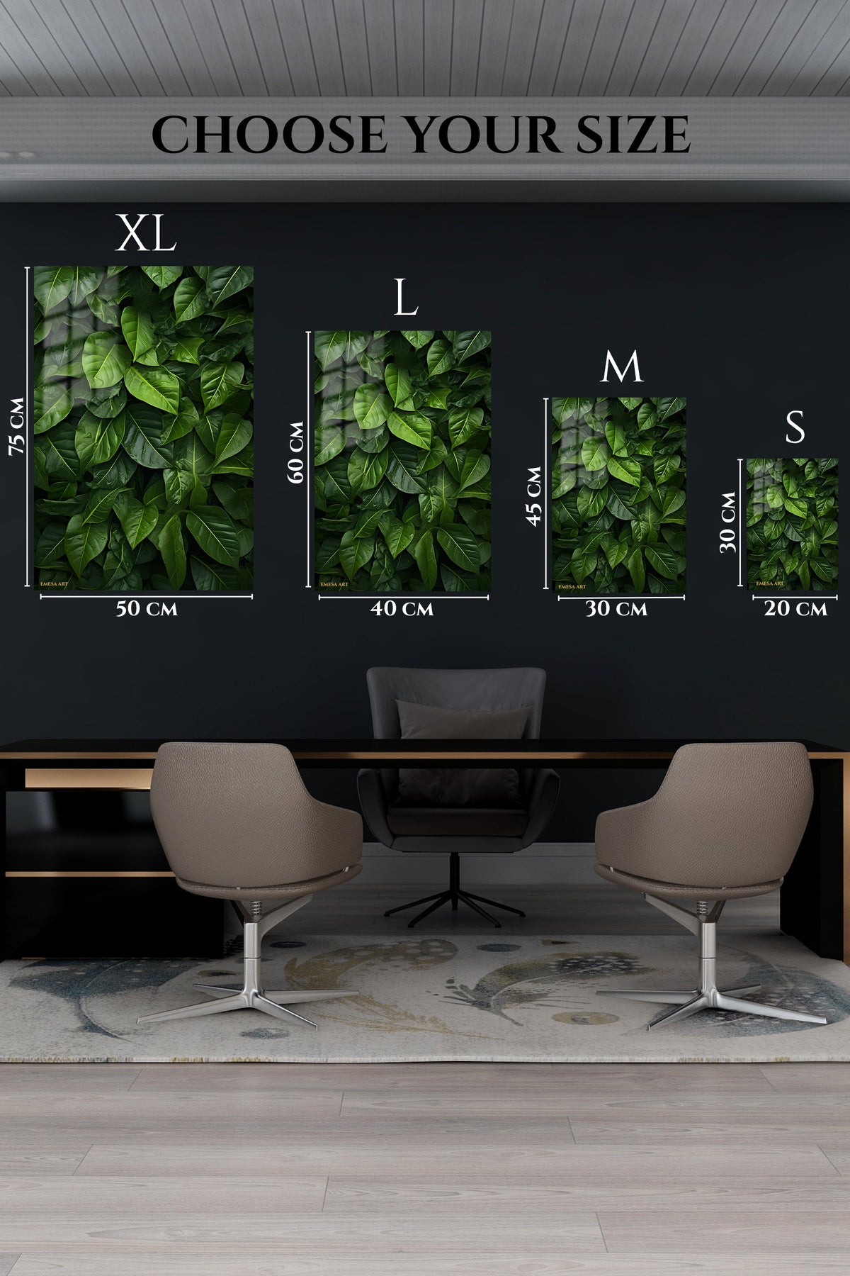 EMESA metal wall art size comparison guide for Rain-Kissed Tropical Leaves