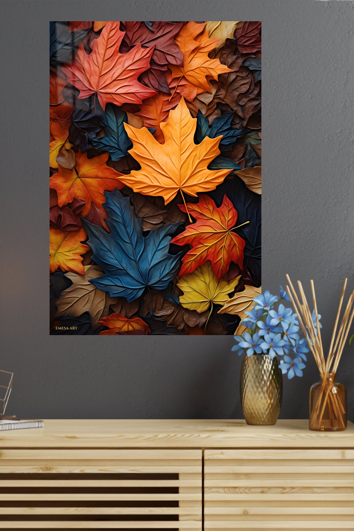 Autumn Maple Leaf Tapestry metal wall art displayed in a modern interior