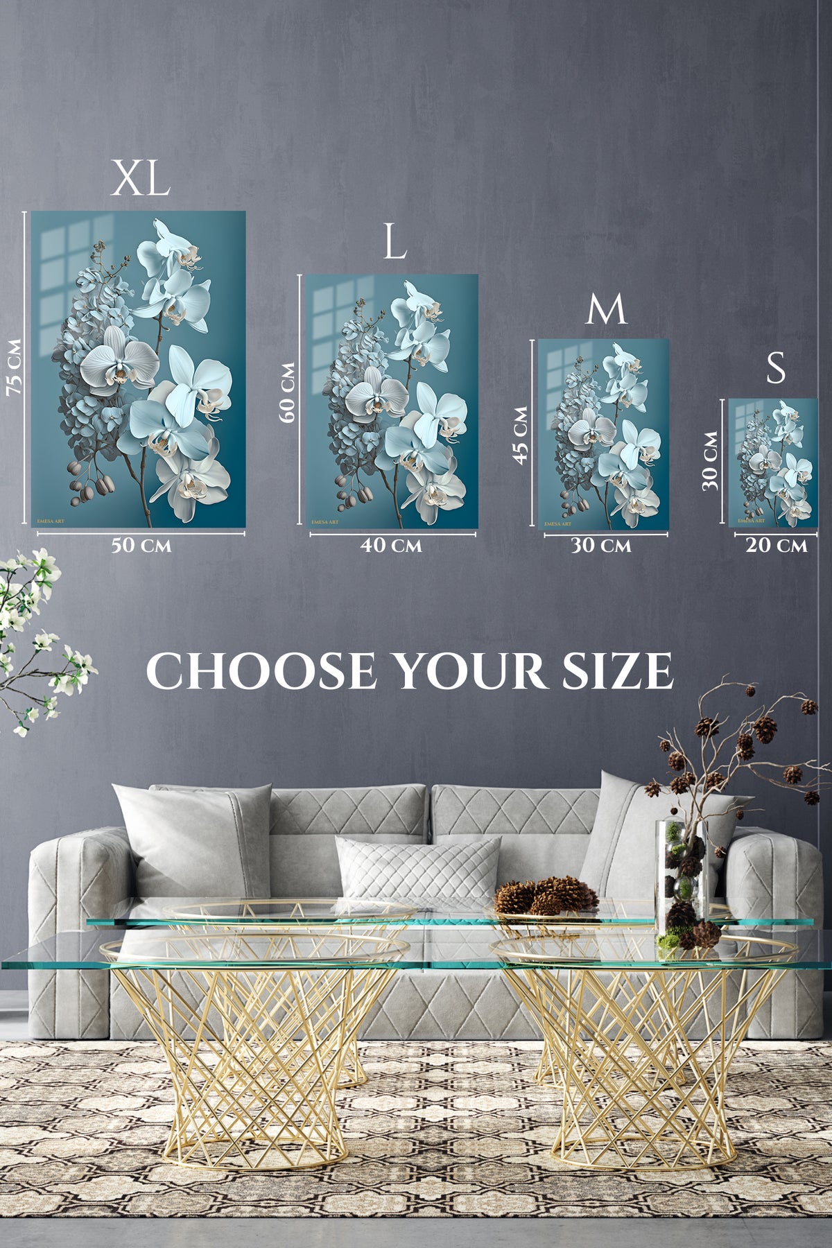 EMESA metal wall art size comparison guide for Ivory Orchid Cascade