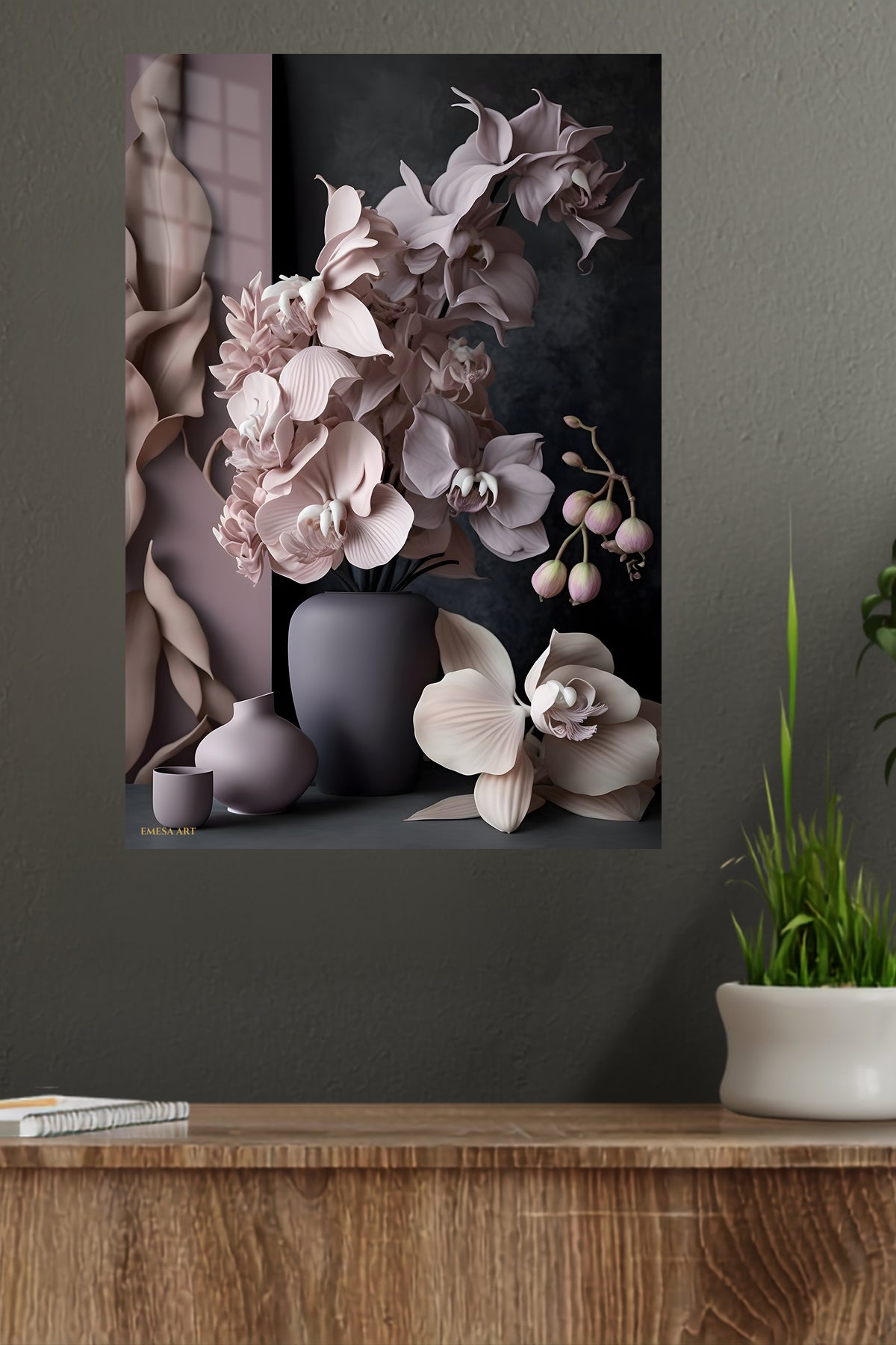 Blush Orchid Still Life metal wall art displayed in a modern interior