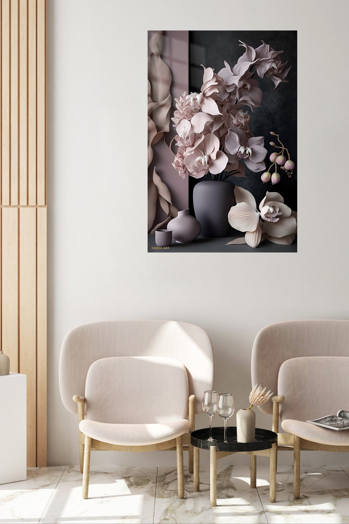 Blush Orchid Still Life metal wall art displayed in a contemporary living space