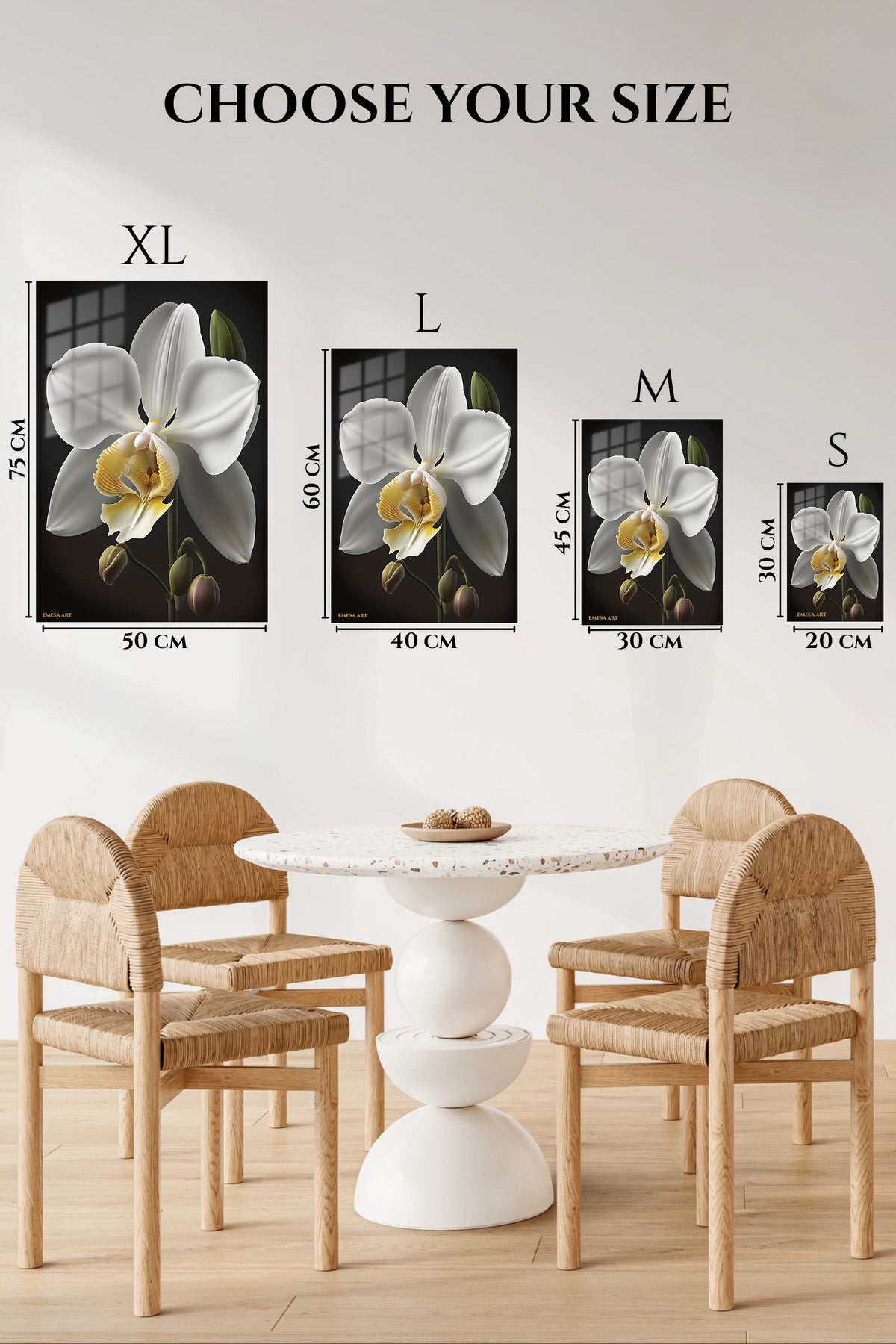 EMESA metal wall art size comparison guide for White Orchid on Midnight