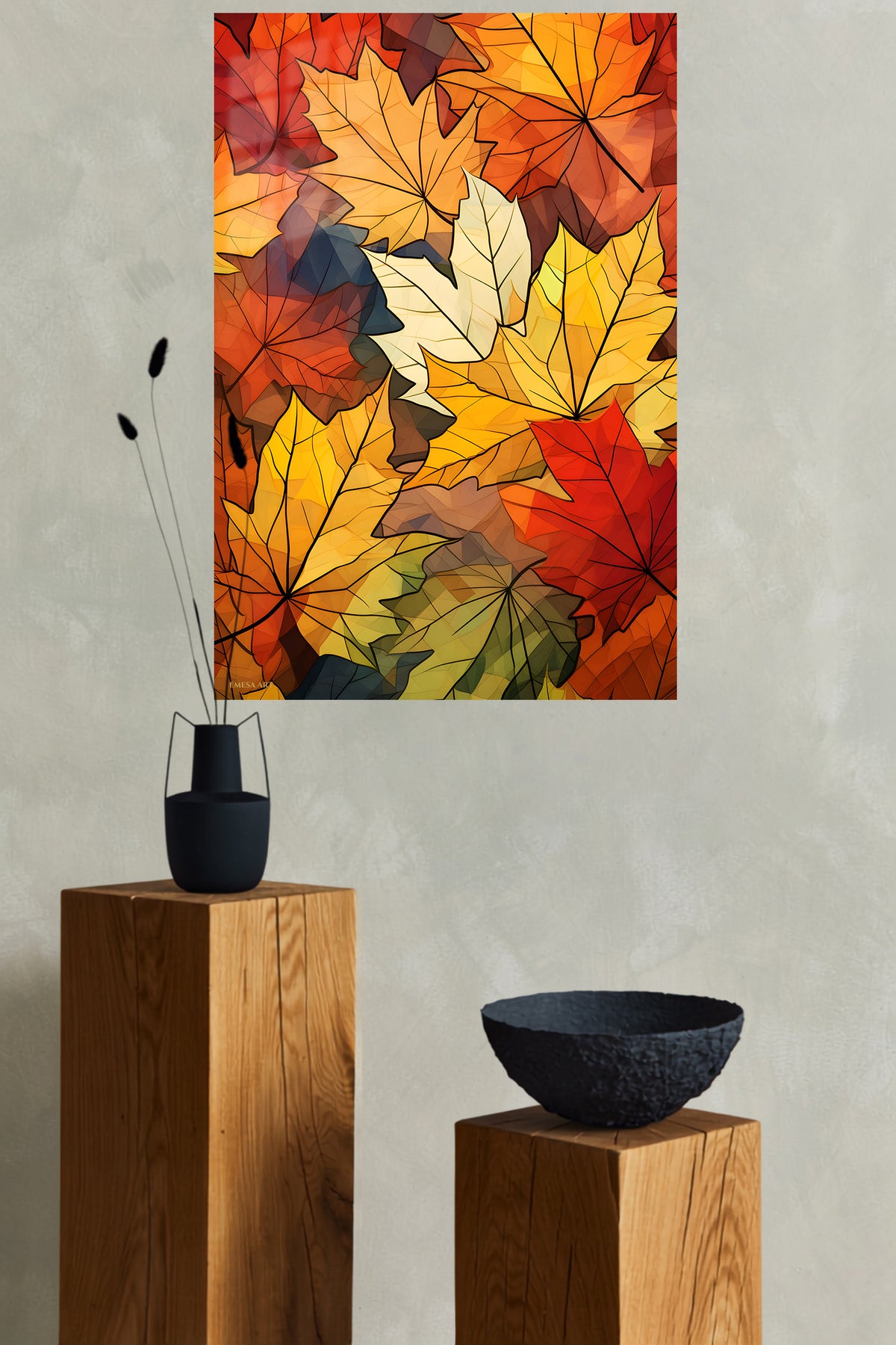 Autumn Leaf Mosaic metal wall art displayed in a modern interior