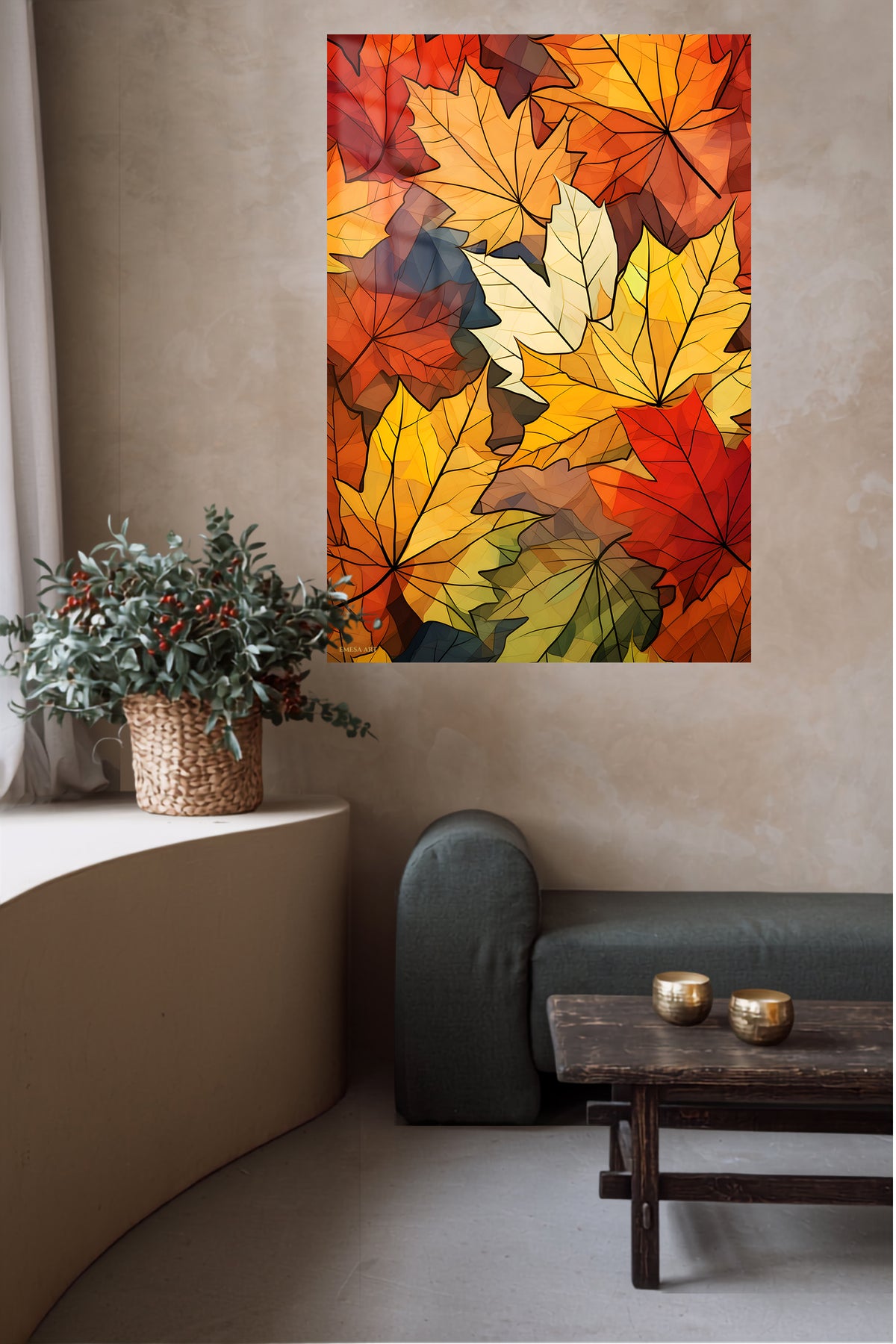 Autumn Leaf Mosaic metal wall art displayed in a contemporary living space