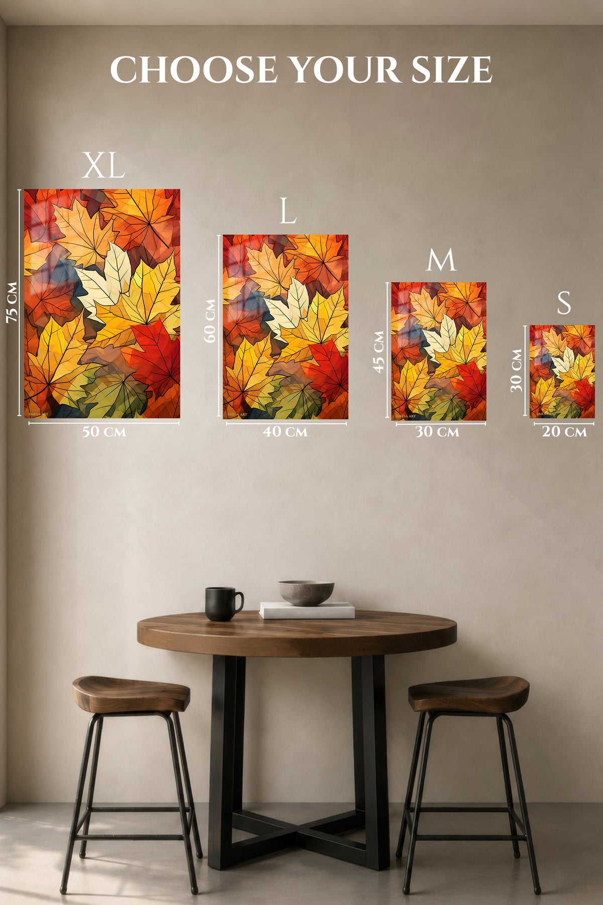 EMESA metal wall art size comparison guide for Autumn Leaf Mosaic