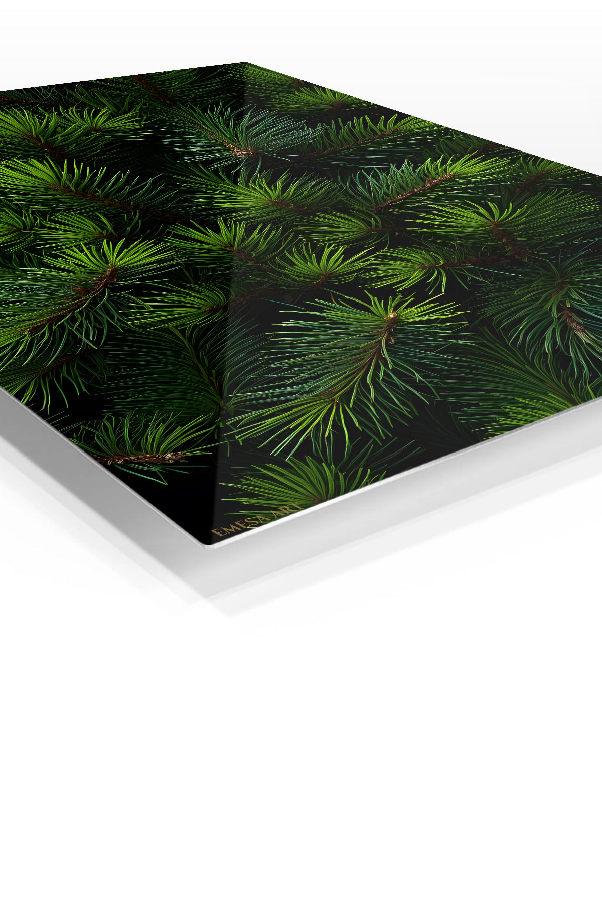 Evergreen Pine Needle Canopy premium metal wall art – angled view