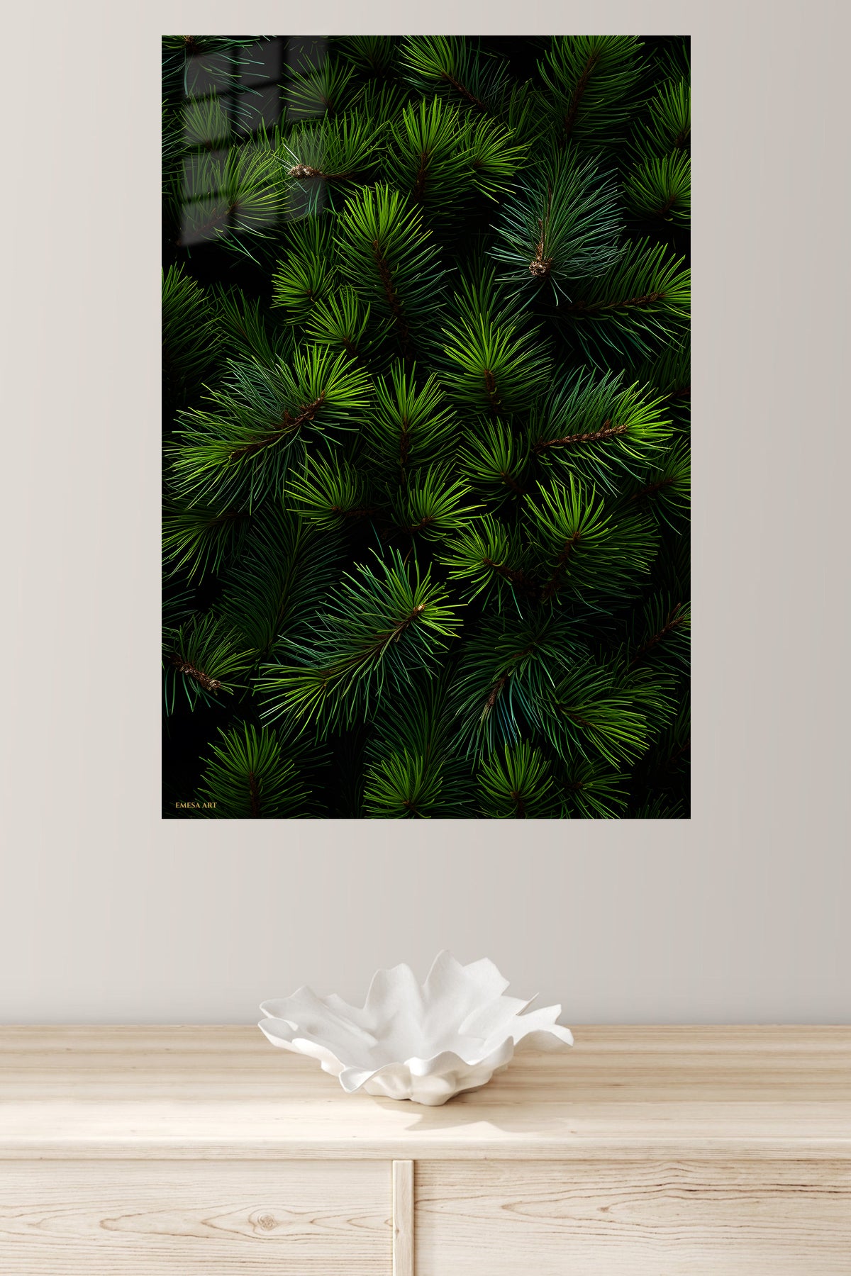 Evergreen Pine Needle Canopy metal wall art displayed in a modern interior