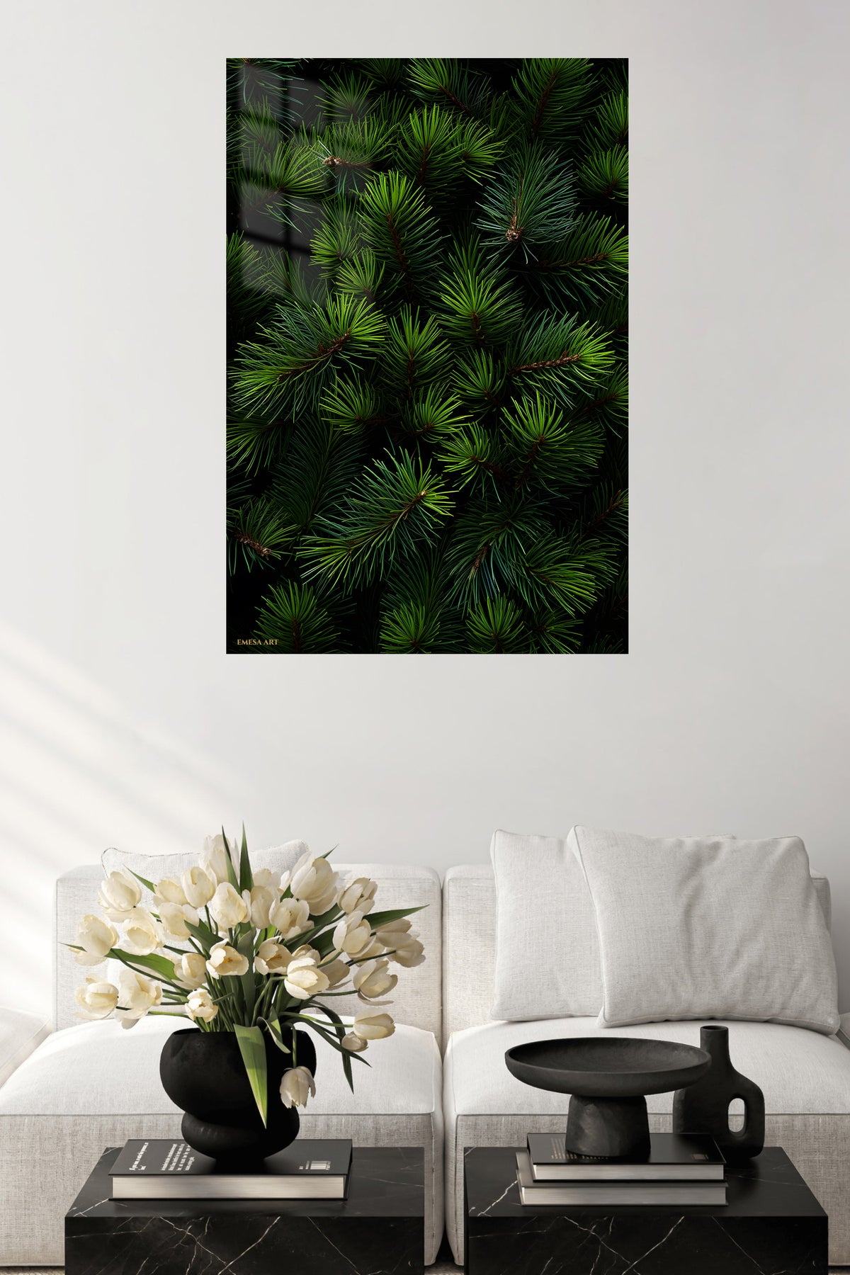 Evergreen Pine Needle Canopy metal wall art displayed in a contemporary living space