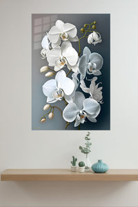 White Orchid Cascade metal wall art displayed in a modern interior