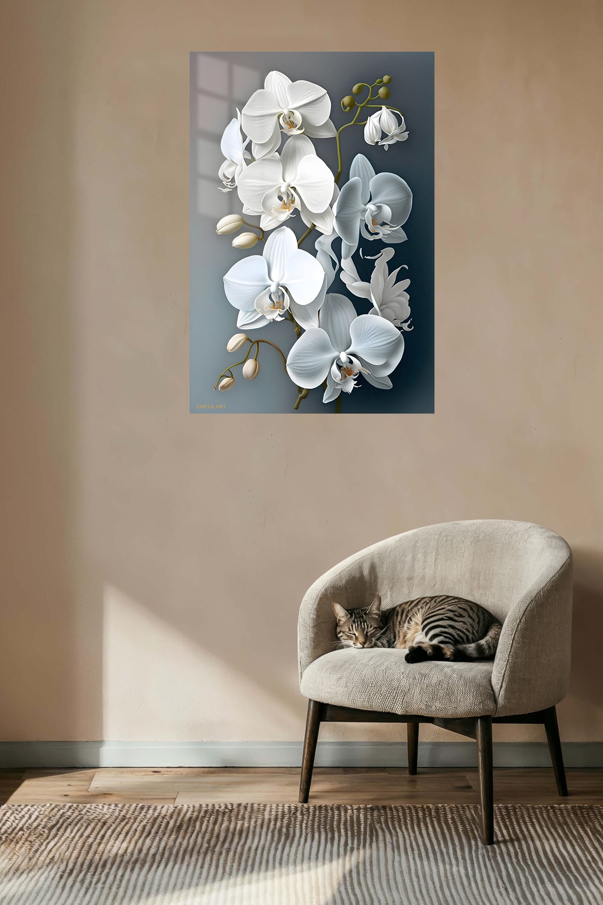 White Orchid Cascade metal wall art displayed in a contemporary living space