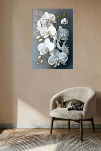 White Orchid Cascade metal wall art displayed in a contemporary living space