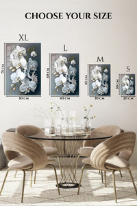 EMESA metal wall art size comparison guide for White Orchid Cascade