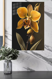 Golden Orchid Glow metal wall art displayed in a modern interior