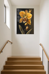 Golden Orchid Glow metal wall art displayed in a contemporary living space