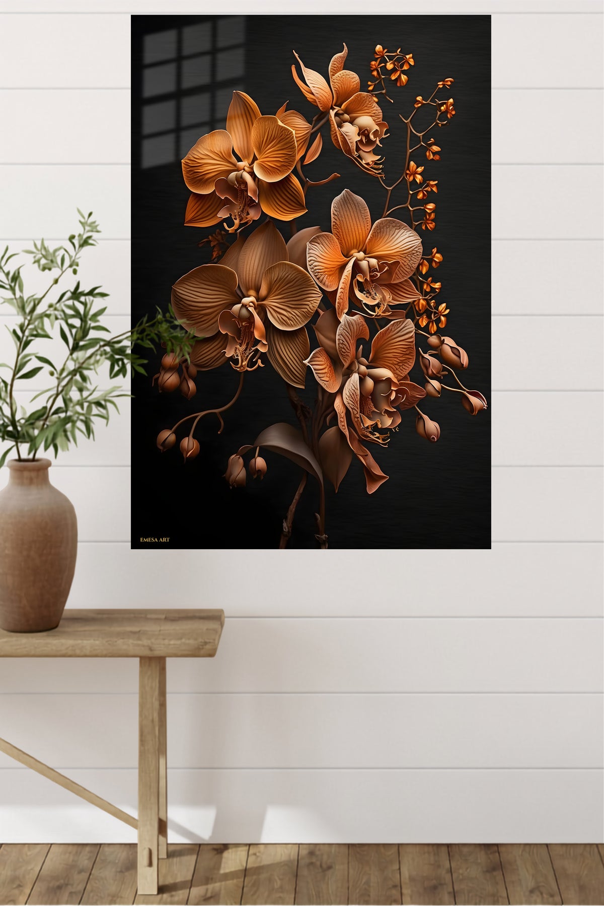 Copper Orchid Elegance metal wall art displayed in a modern interior