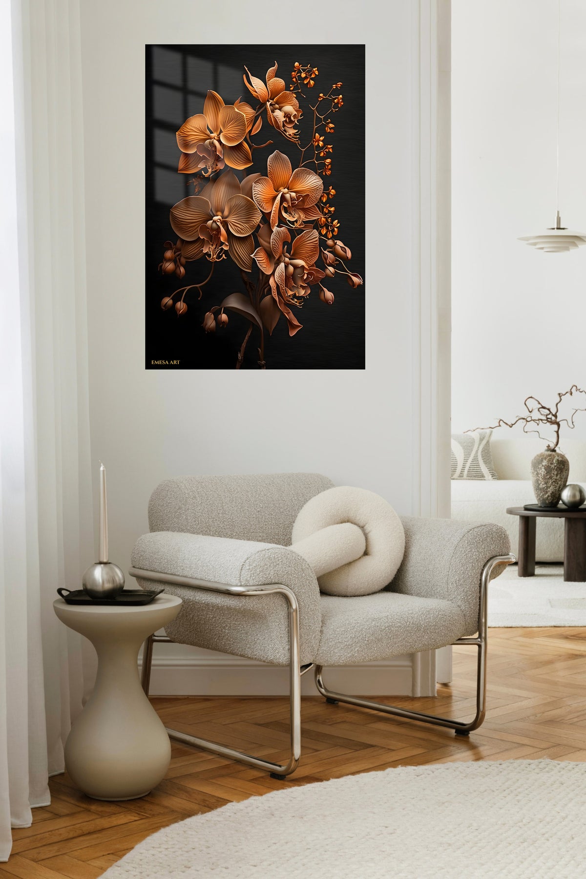Copper Orchid Elegance metal wall art displayed in a contemporary living space