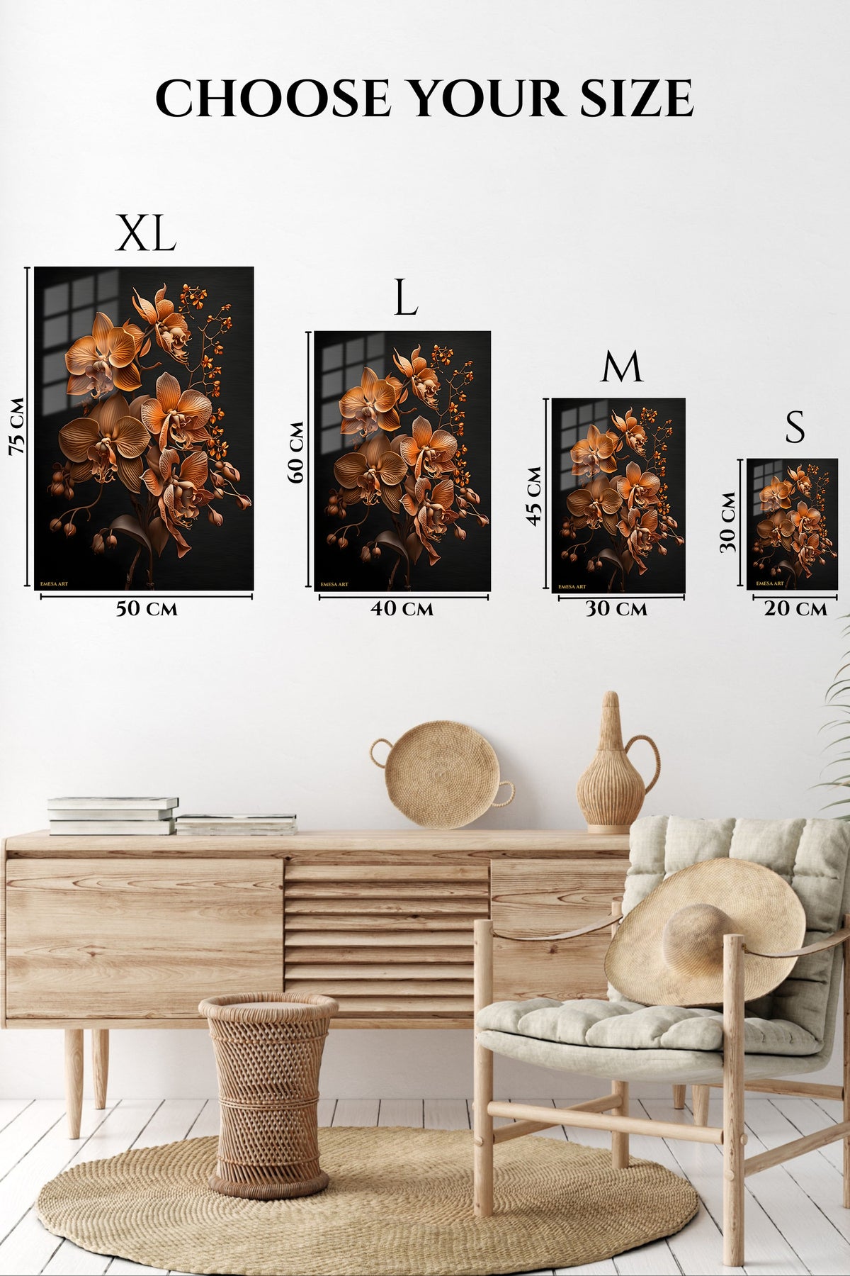 EMESA metal wall art size comparison guide for Copper Orchid Elegance