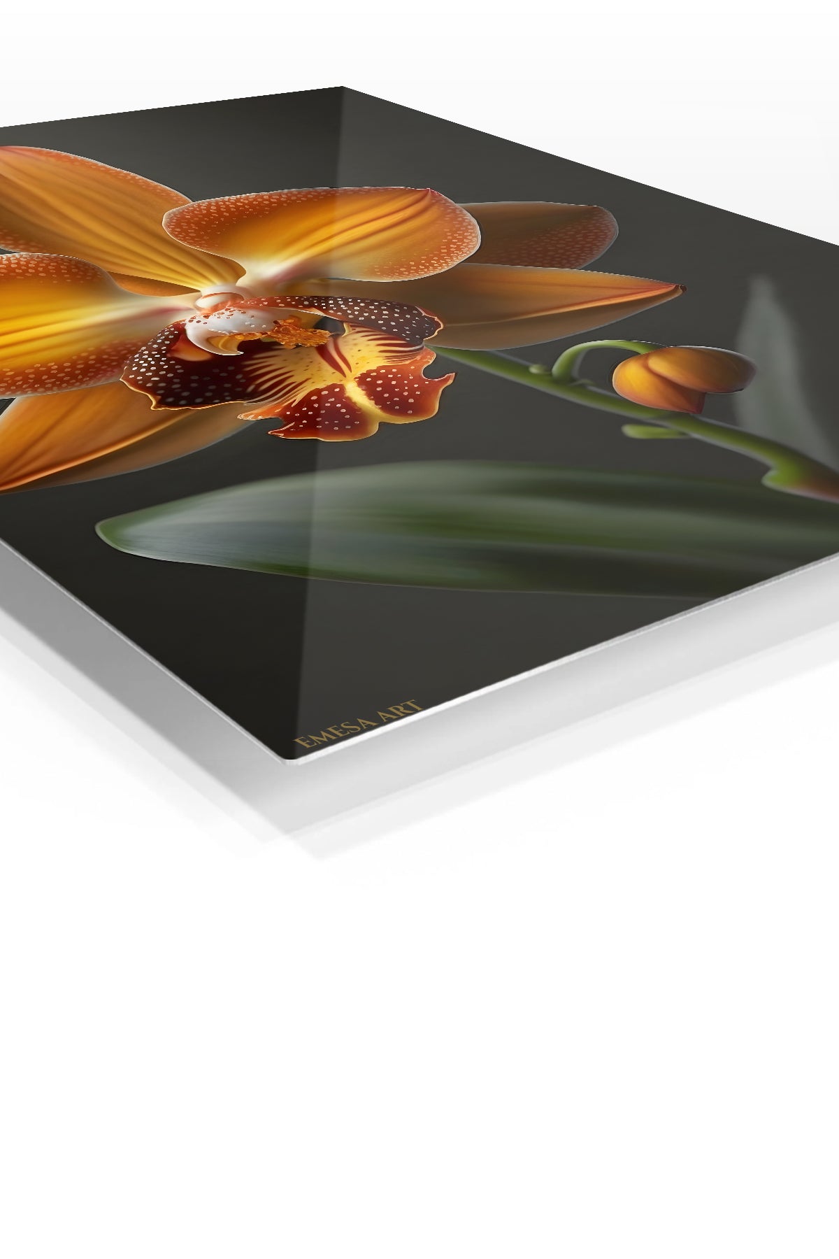 Amber Orchid Bloom premium metal wall art – angled view