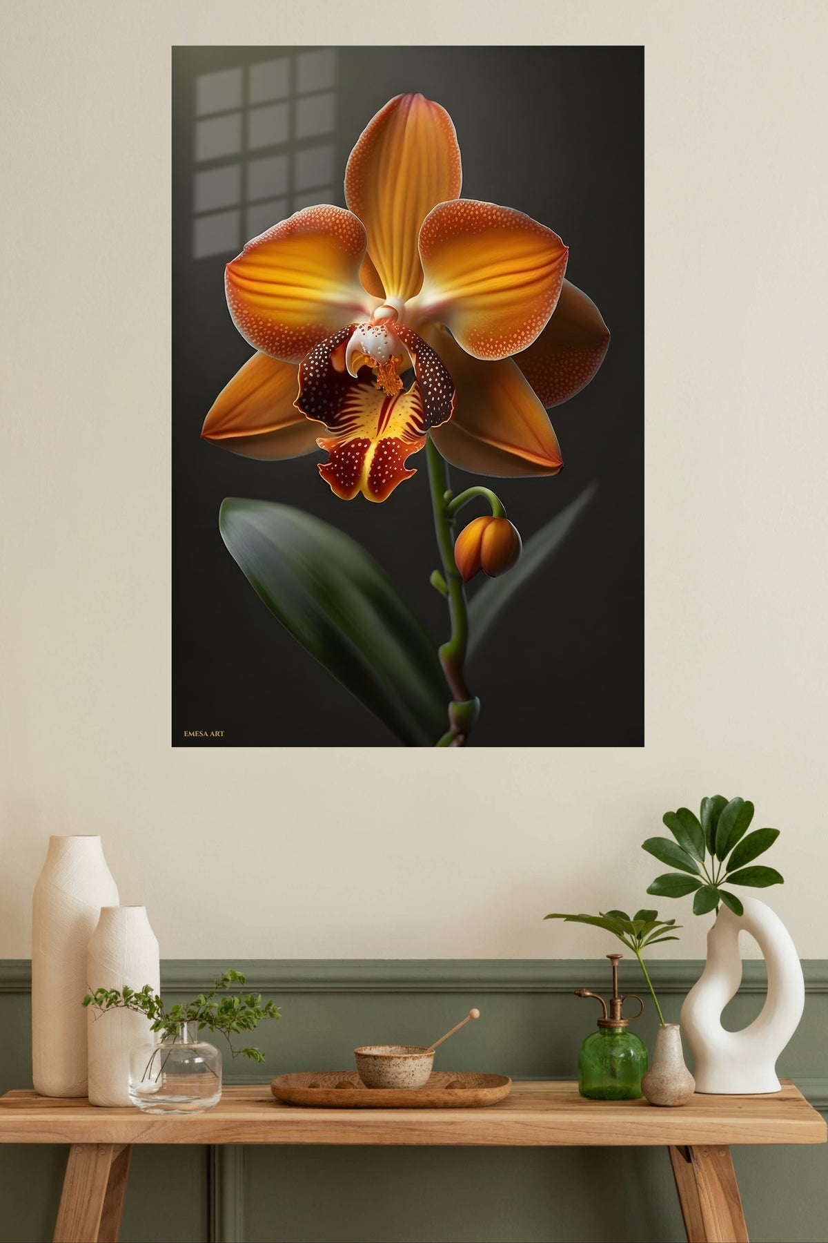 Amber Orchid Bloom metal wall art displayed in a modern interior