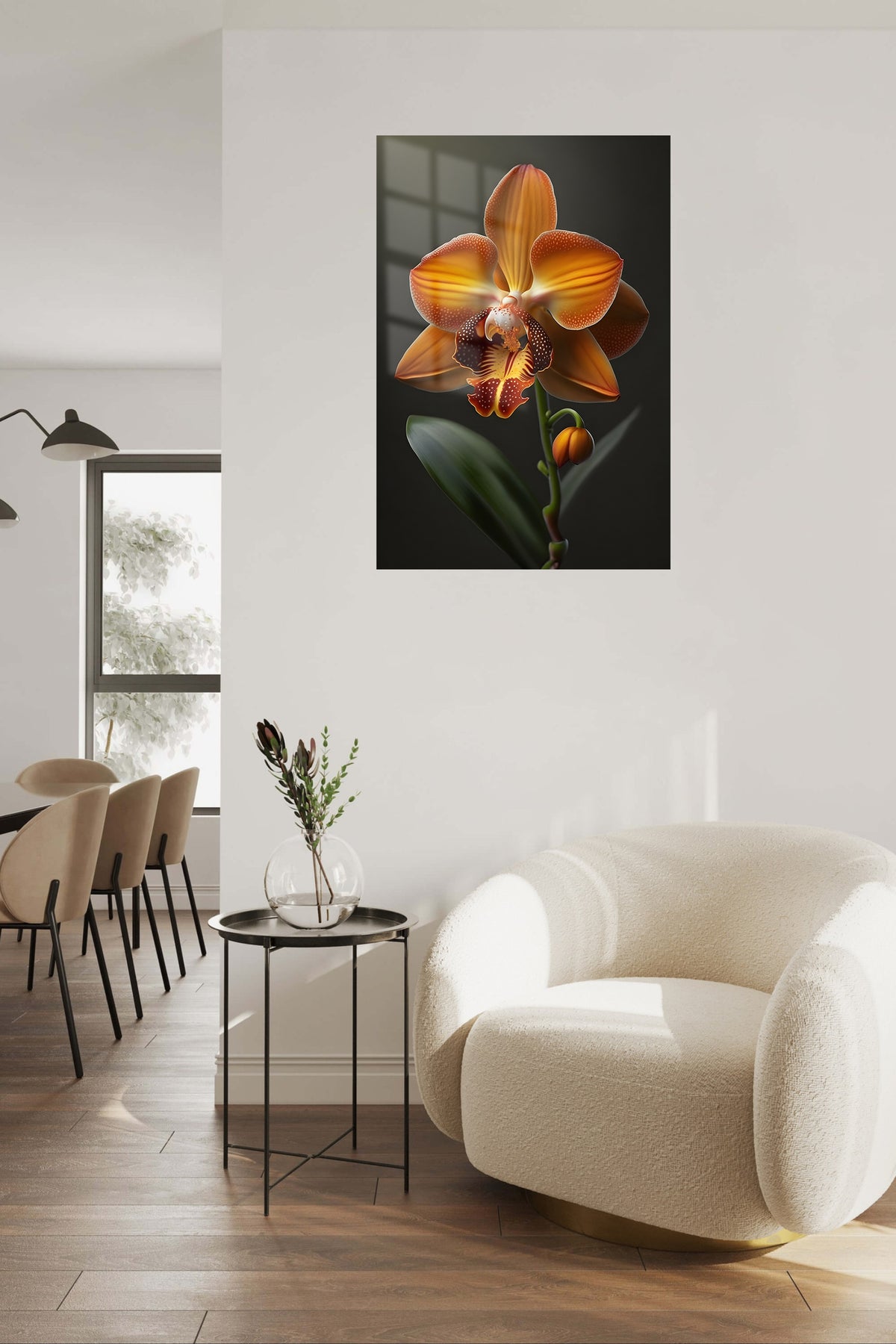 Amber Orchid Bloom metal wall art displayed in a contemporary living space