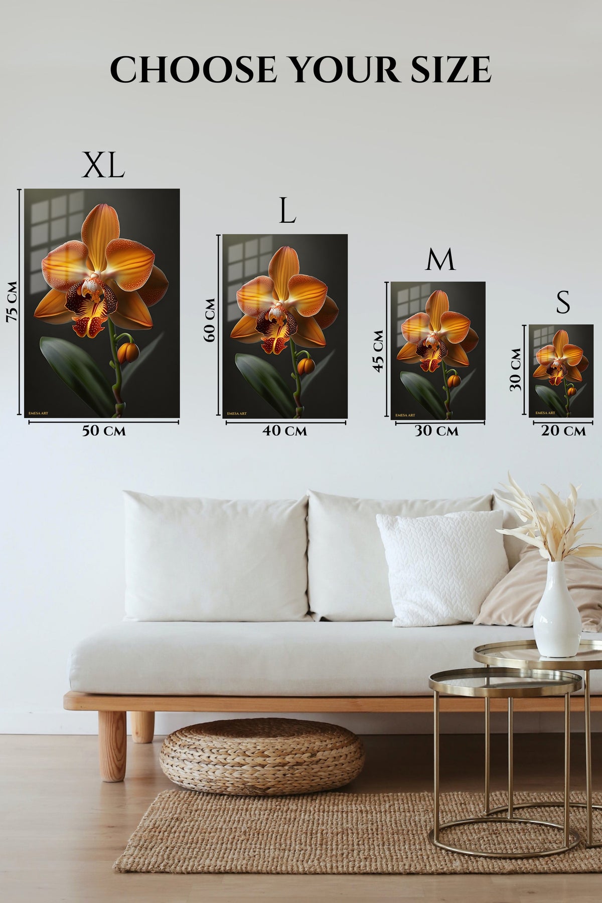 EMESA metal wall art size comparison guide for Amber Orchid Bloom
