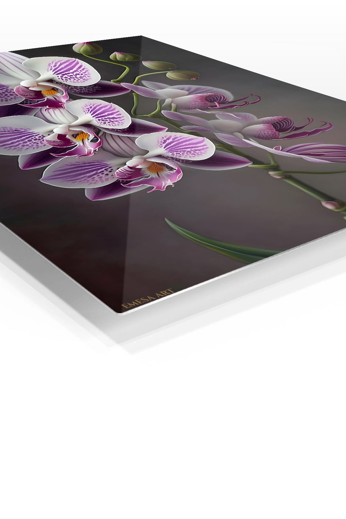 Purple Orchid Cascade premium metal wall art – angled view
