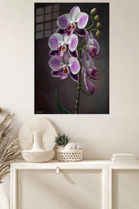 Purple Orchid Cascade metal wall art displayed in a modern interior