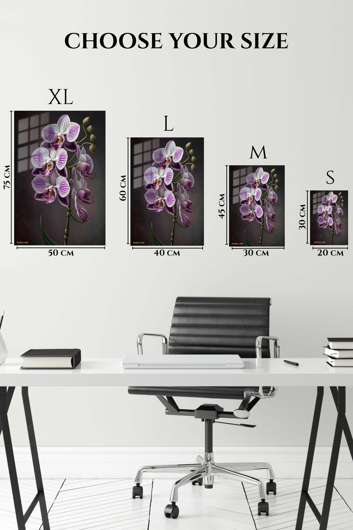 EMESA metal wall art size comparison guide for Purple Orchid Cascade