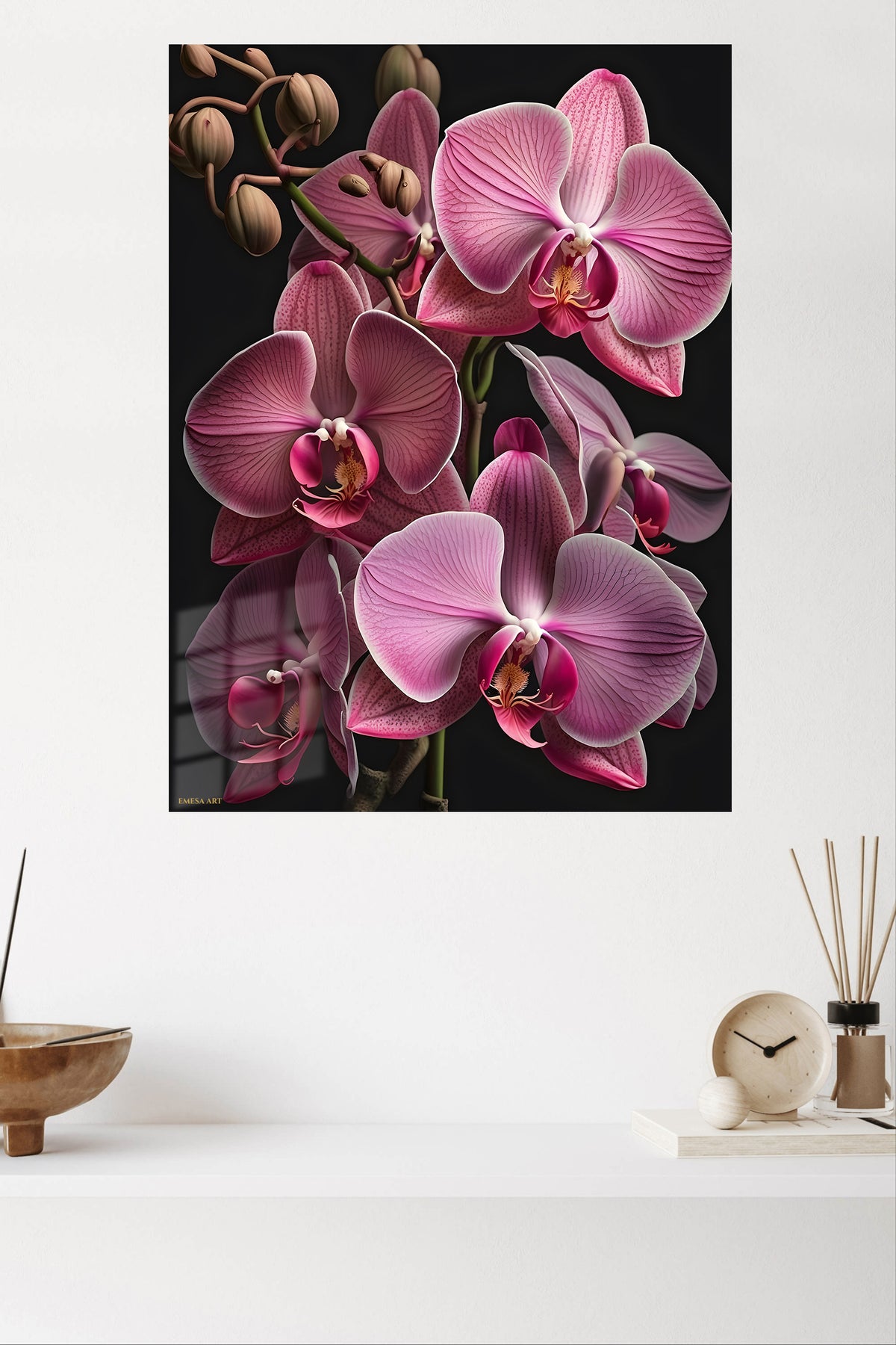 Pink Orchid Cascade metal wall art displayed in a modern interior