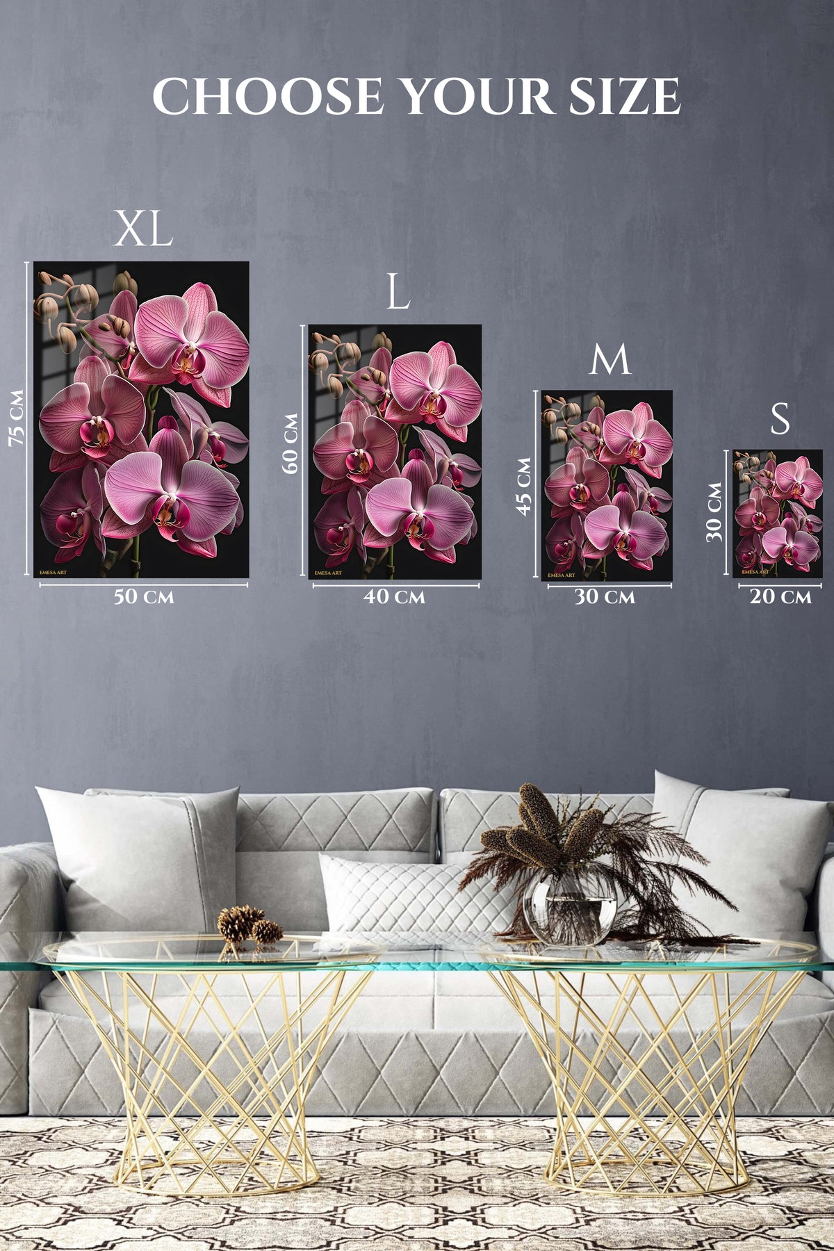 EMESA metal wall art size comparison guide for Pink Orchid Cascade