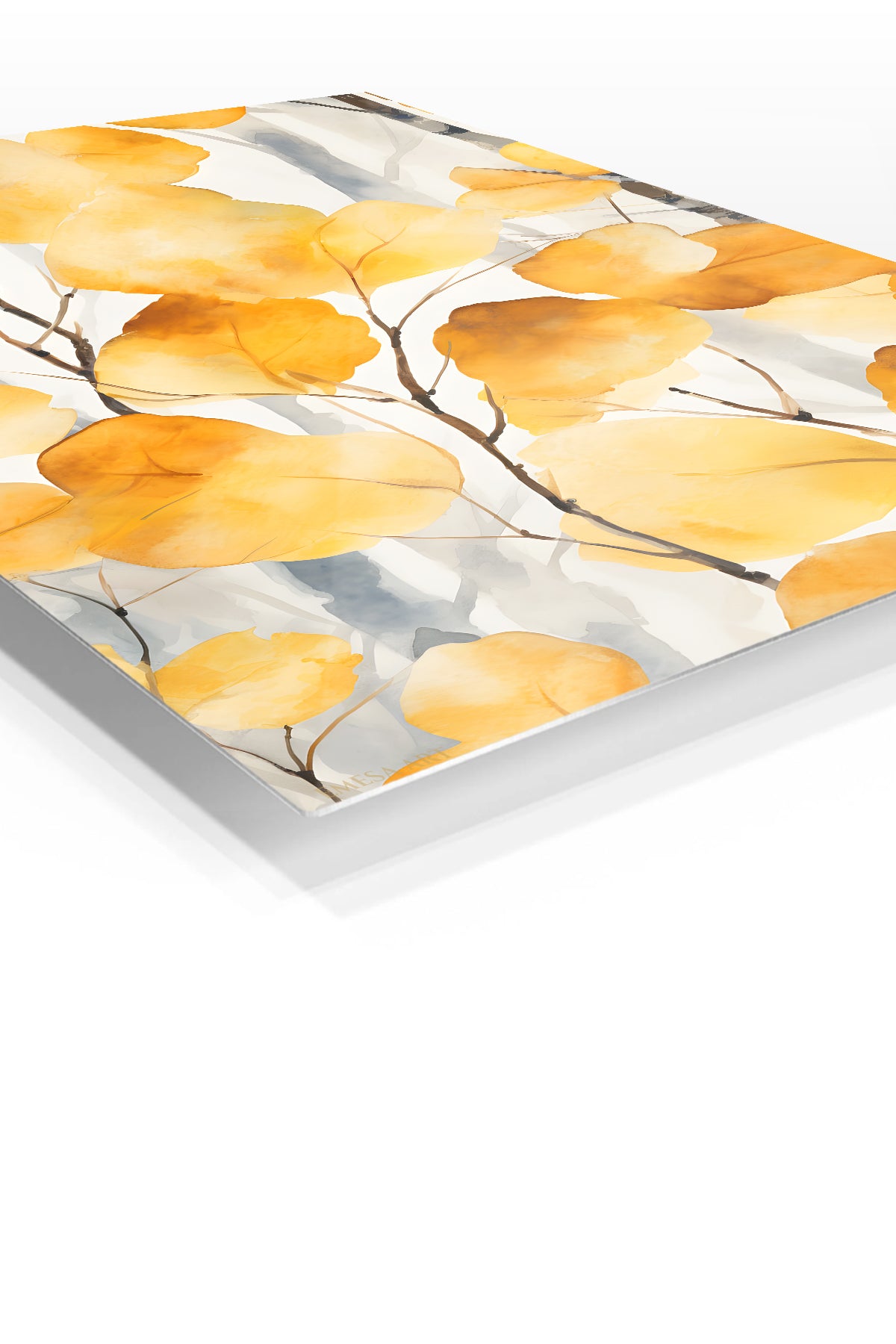 Golden Autumn Leaves premium metal wall art – angled view