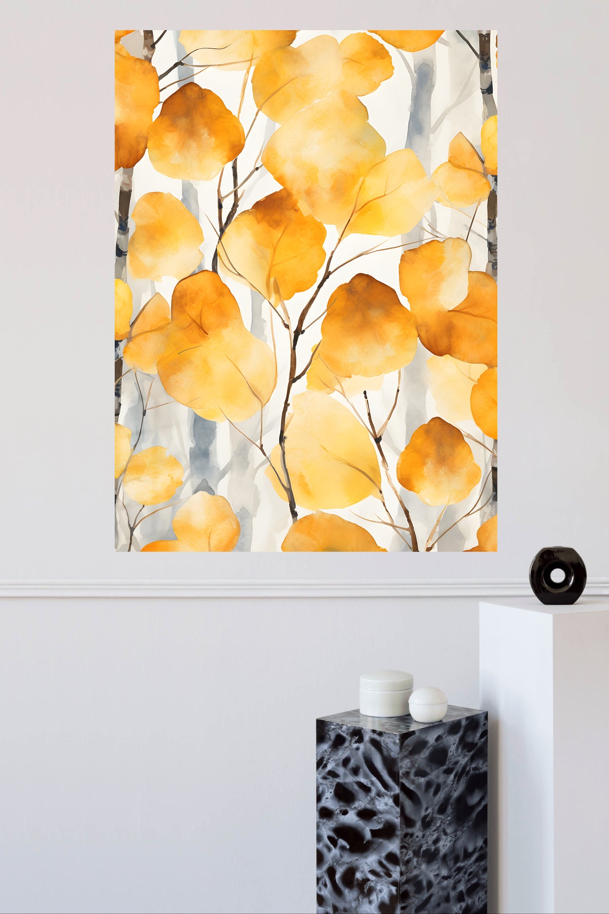 Golden Autumn Leaves metal wall art displayed in a modern interior