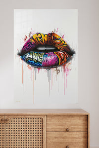Graffiti Lips metal wall art displayed in a modern interior