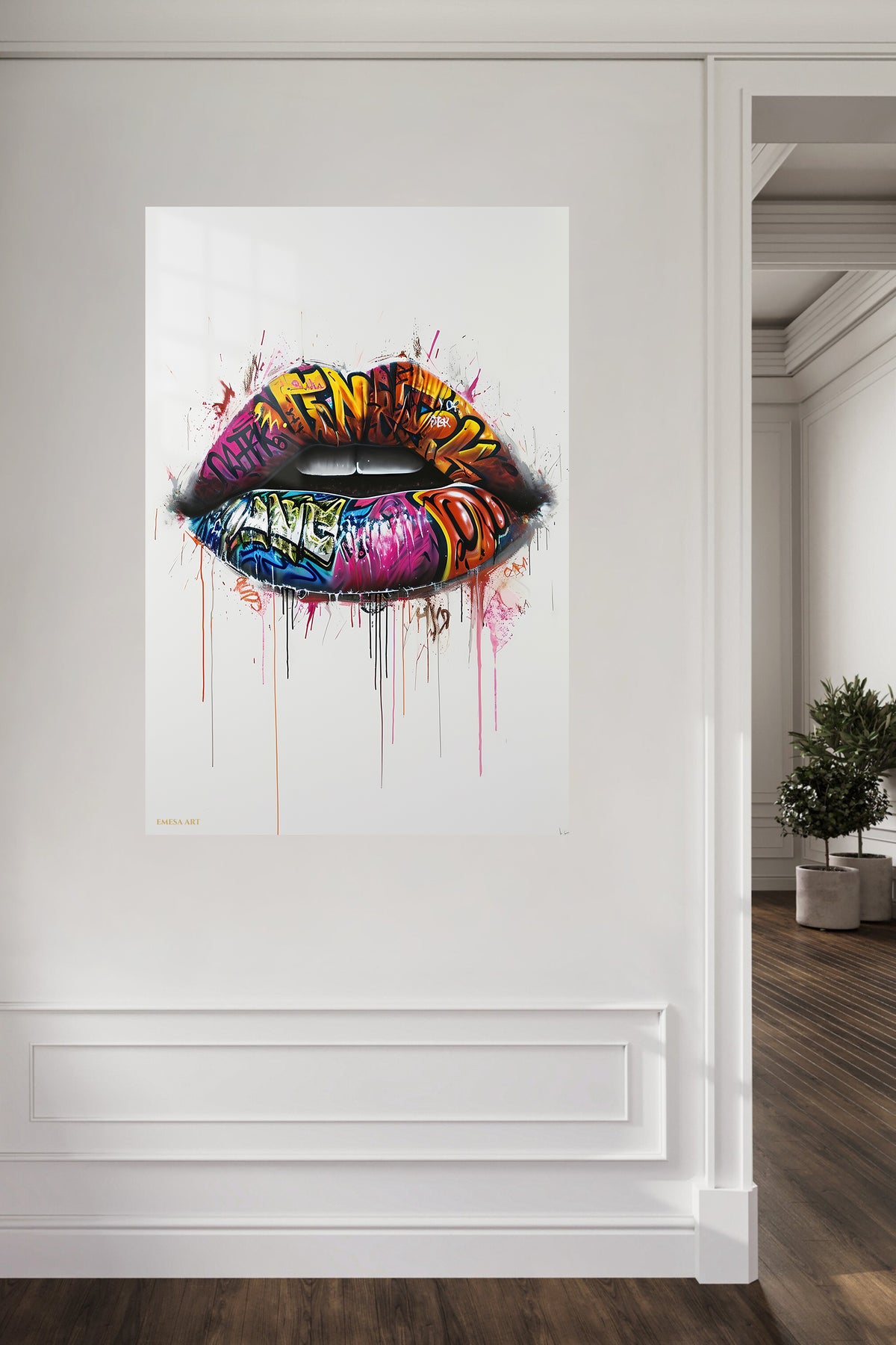 Graffiti Lips metal wall art displayed in a contemporary living space
