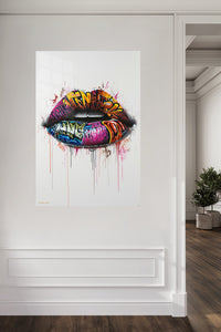 Graffiti Lips metal wall art displayed in a contemporary living space