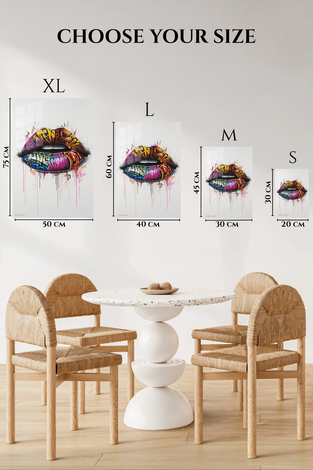 EMESA metal wall art size comparison guide for Graffiti Lips