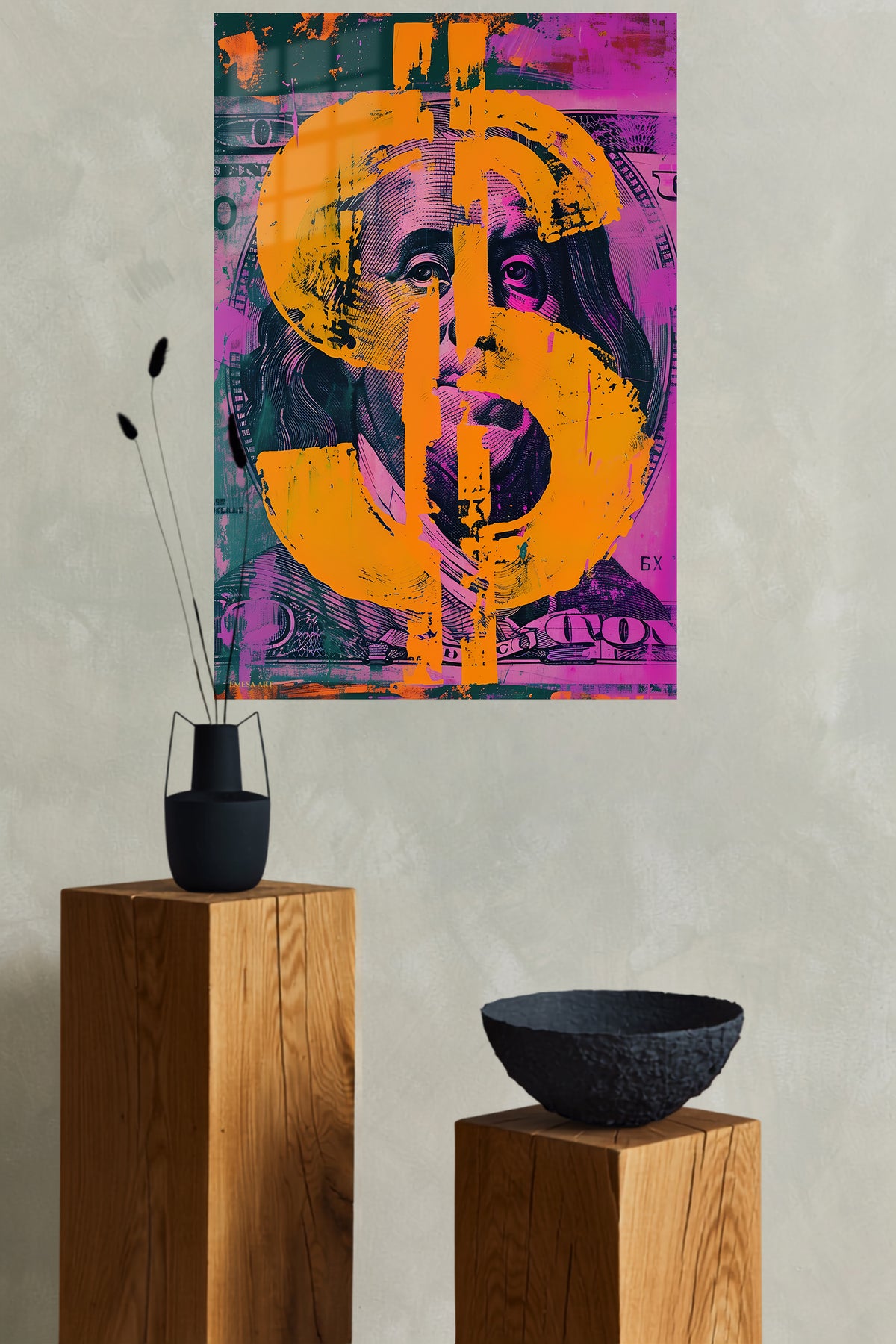 Dollar Portrait metal wall art displayed in a modern interior