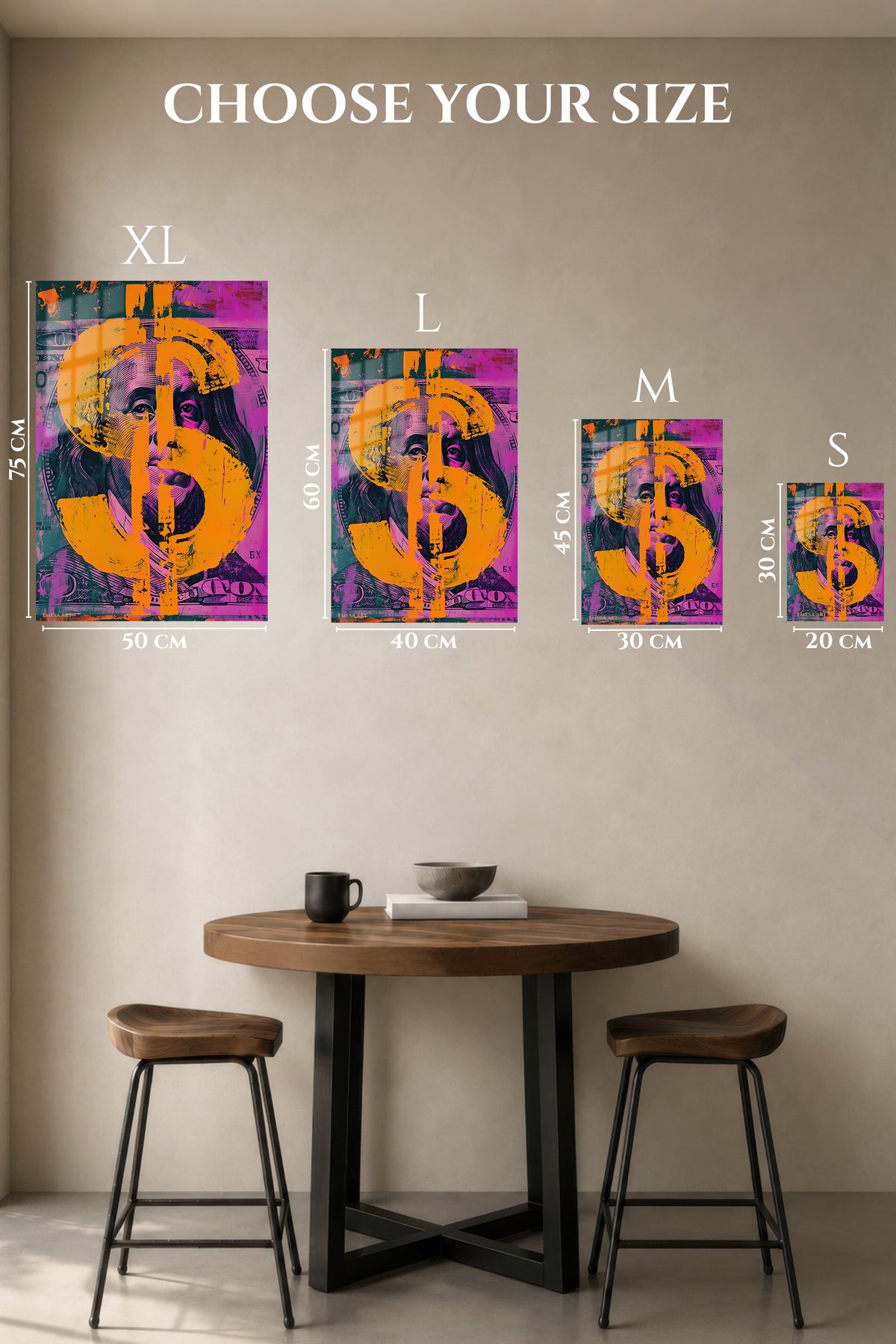 EMESA metal wall art size comparison guide for Dollar Portrait
