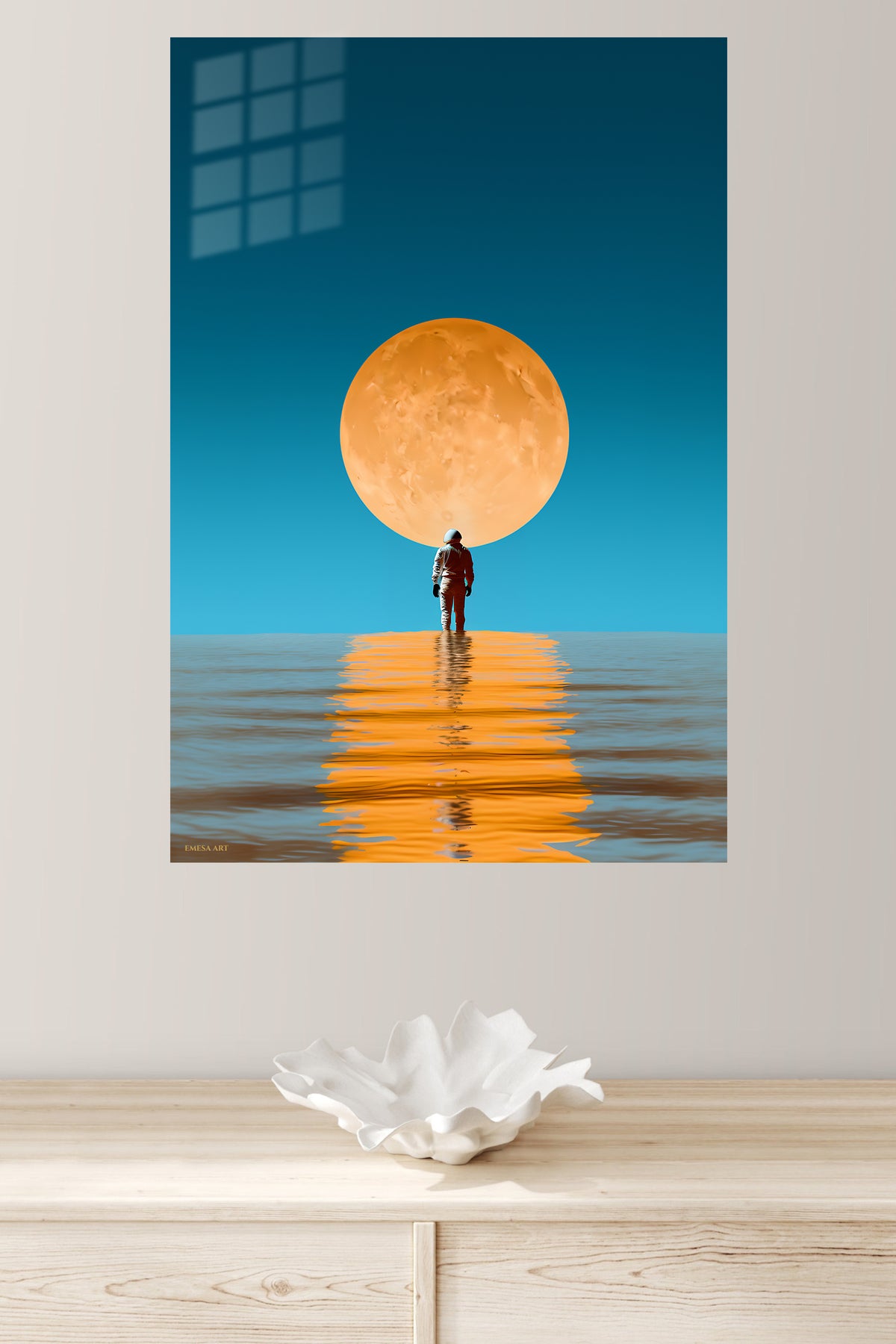 Moonlit Reflection metal wall art displayed in a modern interior