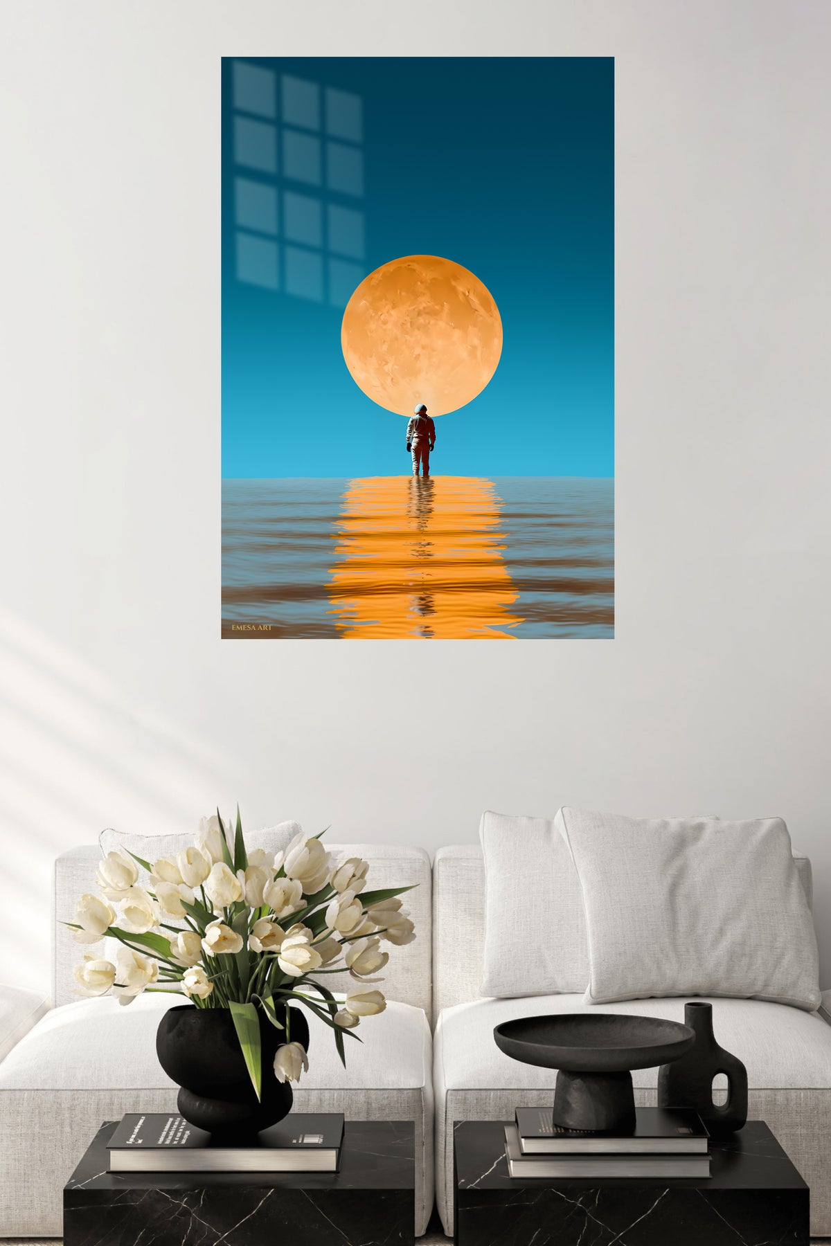 Moonlit Reflection metal wall art displayed in a contemporary living space