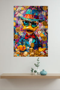 Pop Art Money Duck metal wall art displayed in a modern interior