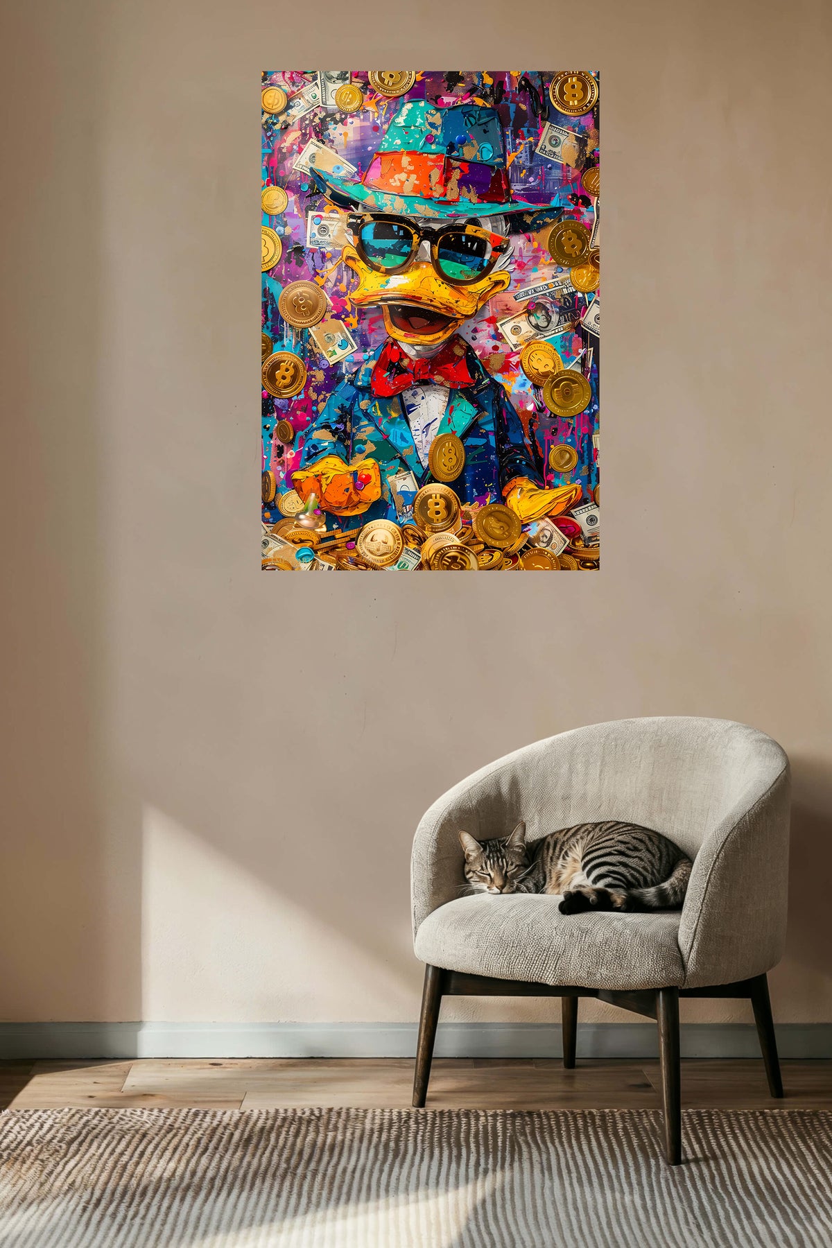 Pop Art Money Duck metal wall art displayed in a contemporary living space
